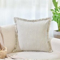 Zwjd Throw Pillow Covers 20X20 Set Of 2 Striped Pillow Covers With Fringe Chic Cotton Decorative Pillows Square Cushion Covers For Sofa Couch Bed Living Room Farmhouse Decor