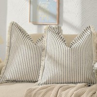 Zwjd Throw Pillow Covers 18X18Set Of 2 Striped Pillow Covers With Fringe Chic Cotton Decorative Pillows Square Cushion Covers For Sofa Couch Bed Living Room Farmhouse Decor