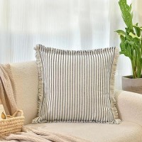 Zwjd Throw Pillow Covers 18X18Set Of 2 Striped Pillow Covers With Fringe Chic Cotton Decorative Pillows Square Cushion Covers For Sofa Couch Bed Living Room Farmhouse Decor