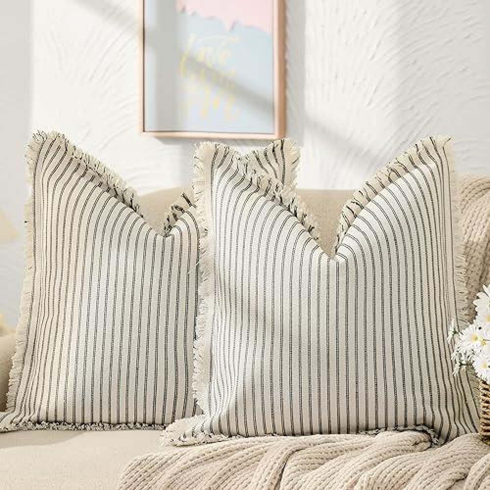 Zwjd Throw Pillow Covers 16X16 Set Of 2 Striped Pillow Covers With Fringe Chic Cotton Decorative Pillows Square Cushion Covers For Sofa Couch Bed Living Room Farmhouse Decor