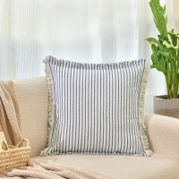 Zwjd Throw Pillow Covers 16X16 Set Of 2 Striped Pillow Covers With Fringe Chic Cotton Decorative Pillows Square Cushion Covers For Sofa Couch Bed Living Room Farmhouse Decor