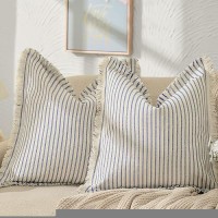 Zwjd Throw Pillow Covers 20X20 Set Of 2 Striped Pillow Covers With Fringe Chic Cotton Decorative Pillows Square Cushion Covers For Sofa Couch Bed Living Room Farmhouse Decor