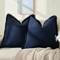 Zwjd Pillow Covers 18X18 Set Of 2 Navy Throw Pillow Covers With Fringe Chic Cotton Decorative Pillows Square Cushion Covers For Sofa Couch Bed Living Room Farmhouse Boho Decor