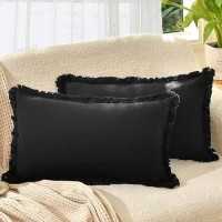 Zwjd Pillow Covers 12X20 Set Of 2 Black Throw Pillow Covers With Fringe Chic Cotton Decorative Pillows Square Cushion Covers For Sofa Couch Bed Living Room Farmhouse Boho Decor