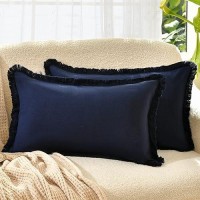 Zwjd Pillow Covers 12X20 Set Of 2 Navy Throw Pillow Covers With Fringe Chic Cotton Decorative Pillows Square Cushion Covers For Sofa Couch Bed Living Room Farmhouse Boho Decor