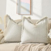 Zwjd Throw Pillow Covers 24X24 Set Of 2 Striped Pillow Covers With Fringe Chic Cotton Decorative Pillows Square Cushion Covers For Sofa Couch Bed Living Room Farmhouse Decor