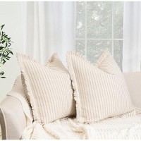 Zwjd Throw Pillow Covers 24X24 Set Of 2 Striped Pillow Covers With Fringe Chic Cotton Decorative Pillows Square Cushion Covers For Sofa Couch Bed Living Room Farmhouse Decor