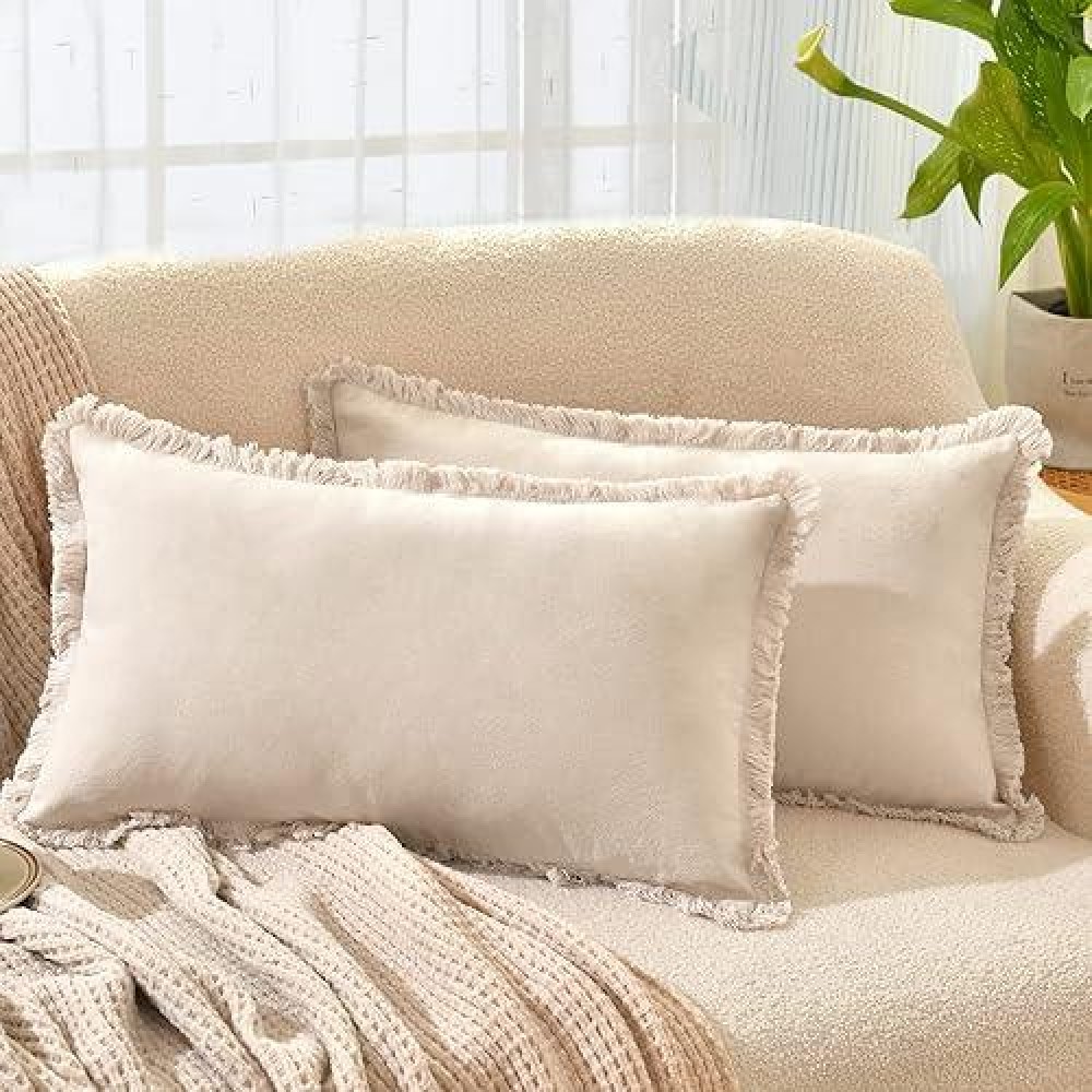 Zwjd Pillow Covers 12X20 Set Of 2 Beige Throw Pillow Covers With Fringe Chic Cotton Decorative Pillows Square Cushion Covers For Sofa Couch Bed Living Room Farmhouse Boho Decor