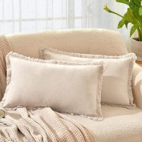 Zwjd Pillow Covers 12X20 Set Of 2 Beige Throw Pillow Covers With Fringe Chic Cotton Decorative Pillows Square Cushion Covers For Sofa Couch Bed Living Room Farmhouse Boho Decor