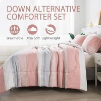 Andency Stripe Comforter Set Twin Size (66X90 Inch)  2 Pieces Pink Patchwork Striped Comforter  Soft Microfiber Down Alternative Comforter Bedding Set With Corner Loops