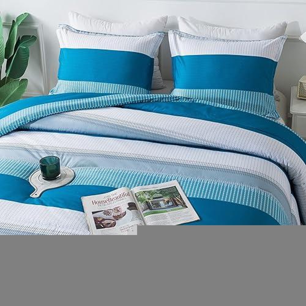 Andency Stripe Comforter Set King Size (104X90 Inch)  3 Pieces Teal Patchwork Striped Comforter  Soft Microfiber Down Alternative Comforter Bedding Set With Corner Loops