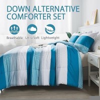 Andency Stripe Comforter Set Queen Size (90X90 Inch)  3 Pieces Teal Patchwork Striped Comforter  Soft Microfiber Down Alternative Comforter Bedding Set With Corner Loops