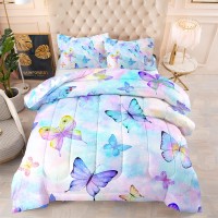 Bsntho Butterfly Comforter Set For Girls Kids Reversible Design Blue Tie Dye Bedding Set Queen Size Rainbow Watercolor Comforter