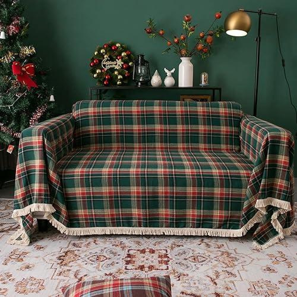 Handontime Christmas Couch Cover Green And Red Plaid Sofa Covers For 3 Cushion Couch Dog Couch Covers With Tassel Farmhouse Couc