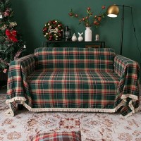 Handontime Christmas Couch Cover Green And Red Plaid Sofa Covers For 3 Cushion Couch Dog Couch Covers With Tassel Farmhouse Couc