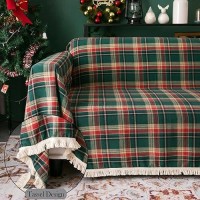 Handontime Christmas Couch Cover Green And Red Plaid Sofa Covers For 3 Cushion Couch Dog Couch Covers With Tassel Farmhouse Couc