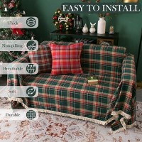 Handontime Christmas Couch Cover Green And Red Plaid Sofa Covers For 3 Cushion Couch Dog Couch Covers With Tassel Farmhouse Couc