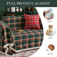 Handontime Christmas Couch Cover Green And Red Plaid Sofa Covers For 3 Cushion Couch Dog Couch Covers With Tassel Farmhouse Couc