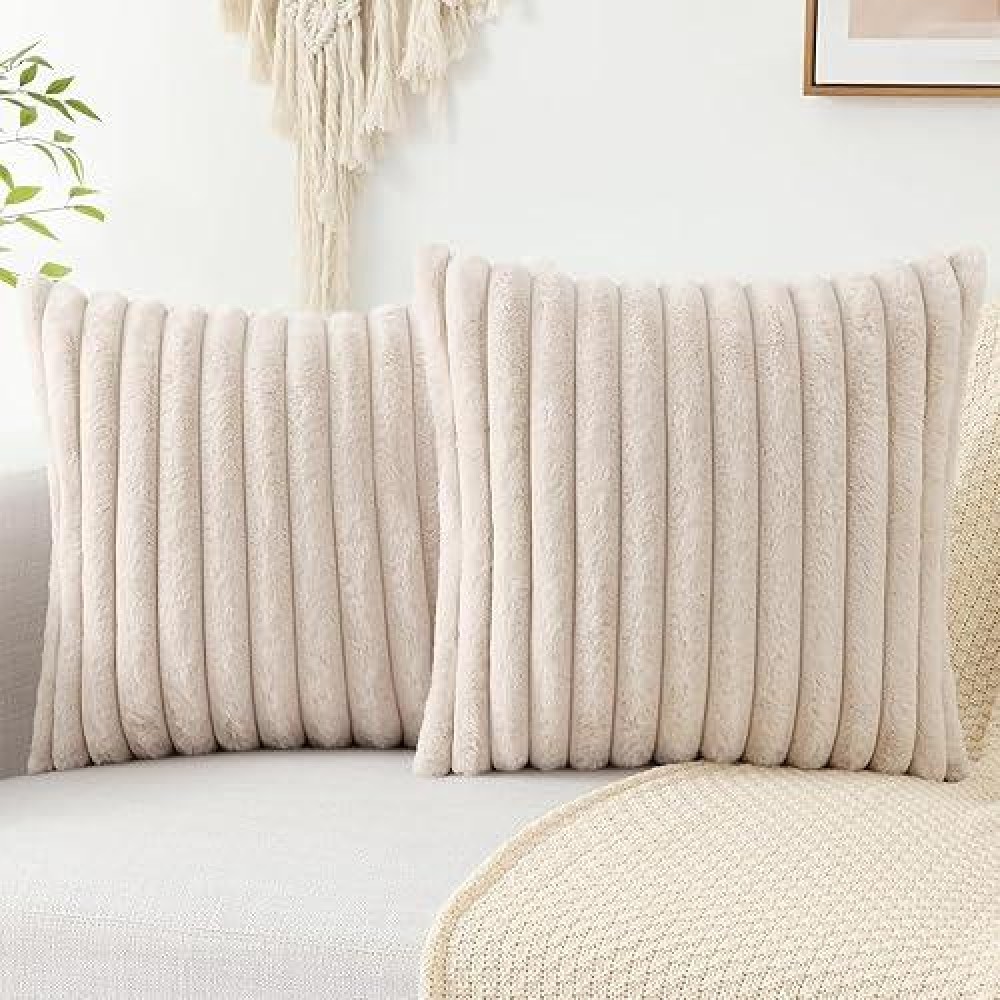 Pallene Faux Fur Plush Throw Pillow Covers 20X20 Set Of 2 Luxury Soft Fluffy Striped Decorative Pillow Covers For Sofa Couch