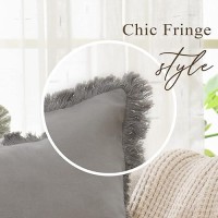 Zwjd Pillow Covers 18X18 Set Of 2 Gray Throw Pillow Covers With Fringe Chic Cotton Decorative Pillows Square Cushion Covers For Sofa Couch Bed Living Room Farmhouse Boho Decor