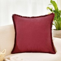 Zwjd Pillow Covers 16X16 Set Of 2 Burgundy Throw Pillow Covers With Fringe Chic Cotton Decorative Pillows Square Cushion Covers For Sofa Couch Bed Living Room Farmhouse Boho Decor