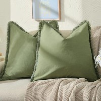 Zwjd Pillow Covers 20X20 Set Of 2 Olive Green Throw Pillow Covers With Fringe Chic Cotton Decorative Pillows Square Cushion Covers For Sofa Couch Bed Living Room Farmhouse Boho Decor