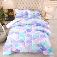 Bsntho Blue Pink Mermaid Fish Scale Comforter 3 Piece For Girls Purple Glitter Kids Bedding Set Twin Size Colorful Scale Design