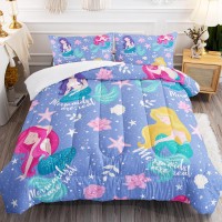 Bsntho Cartoon Mermaids Comforter Set For Girls Queen Size Princess Theme Kids Bedding Set With 1 Comforter And 2 Pillowcases Oc