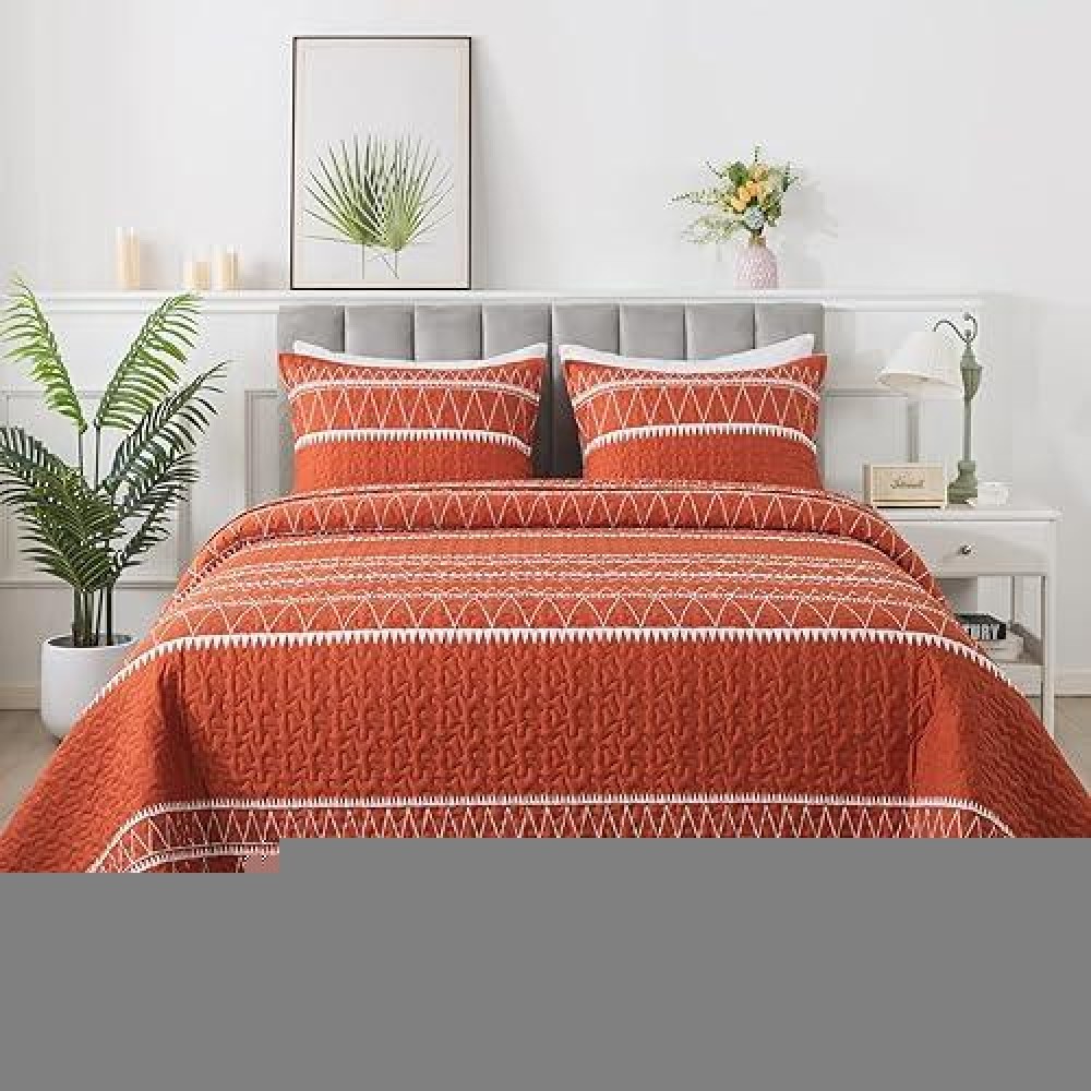 Andency Terracotta Quilt Set California King (112X104 Inch)  3 Pieces(1 Striped Triangle Printed Quilt And 2 Pillowcases)  Burnt Orange Bohemian Summer Lightweight Reversible Bedspread Coverlet Sets