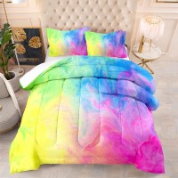 Bsntho Rainbow Girls Comforter Set Tie Dye Kids Bedding Set Twin Size 3Pcs Rainbow Watercolor Comforter Colorful Pastel Duvet Qu