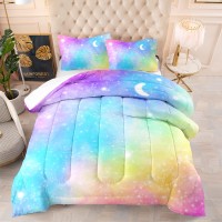 Bsntho Rainbow Comforter Kids Teens Colorful Starry Night Girls Bedding Set Queen Size 3 Pcs Tie Dye Quilt Watercolor Duvet Ligh