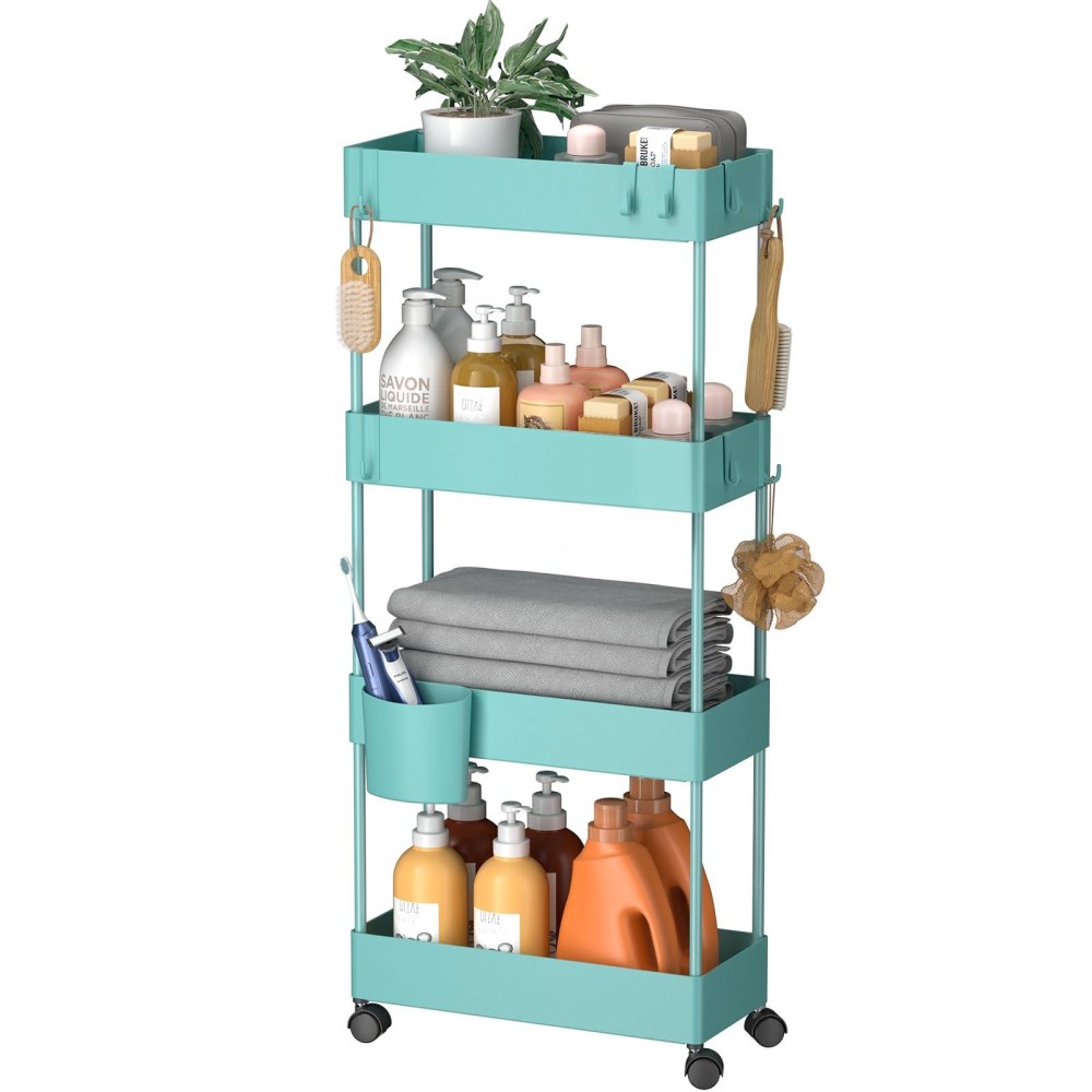 Pipishell Slim Storage Cart With Wheels, 4 Tier Bathroom Storage Organizer Rolling Utility Cart For Bathroom Kitchen Laundry Room Office Narrow Place (Turquoise)