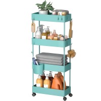Pipishell Slim Storage Cart With Wheels, 4 Tier Bathroom Storage Organizer Rolling Utility Cart For Bathroom Kitchen Laundry Room Office Narrow Place (Turquoise)