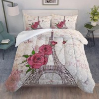 Bsntho Eiffel Tower Comforter Set Full Size Red Rose Decor Down Comforter Romantic Theme Decor Girls Adult Women Couple Quilted