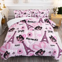 Bsntho Eiffel Tower Comforter Set Twin Size Pink Love Heart Bedding Set Paris City Butterfly Comforter For Girls Teens Cartoon F