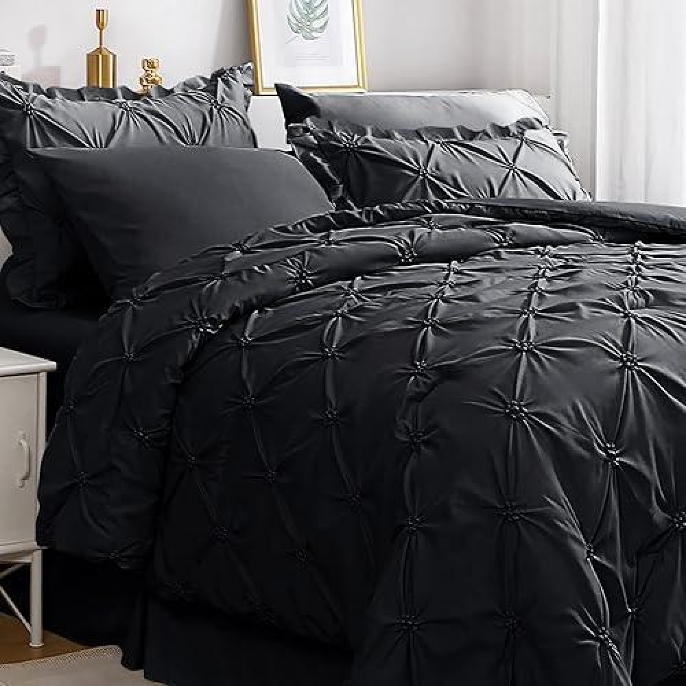 Jollyvogue Black Twin Size Comforter Sets 5 Pieces  Pintuck Bed In A Bag Comforter Set For Bedroom  Bedding Comforter Sets With Comforter  Sheets Ruffled Shams & Pillowcases