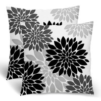 Black Pillow Covers 20X20 Inch 2 Pcs,Grey Colored Geometric Dahlia Decorative Throw Pillows,Summer Gray Flower Outdoor Decor Pillowcase Linen Square Cushion Cover Gift For Porch Patio Couch