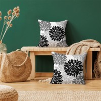 Black Pillow Covers 20X20 Inch 2 Pcs,Grey Colored Geometric Dahlia Decorative Throw Pillows,Summer Gray Flower Outdoor Decor Pillowcase Linen Square Cushion Cover Gift For Porch Patio Couch