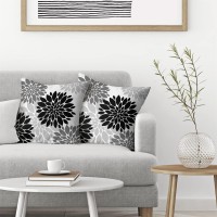 Black Pillow Covers 20X20 Inch 2 Pcs,Grey Colored Geometric Dahlia Decorative Throw Pillows,Summer Gray Flower Outdoor Decor Pillowcase Linen Square Cushion Cover Gift For Porch Patio Couch