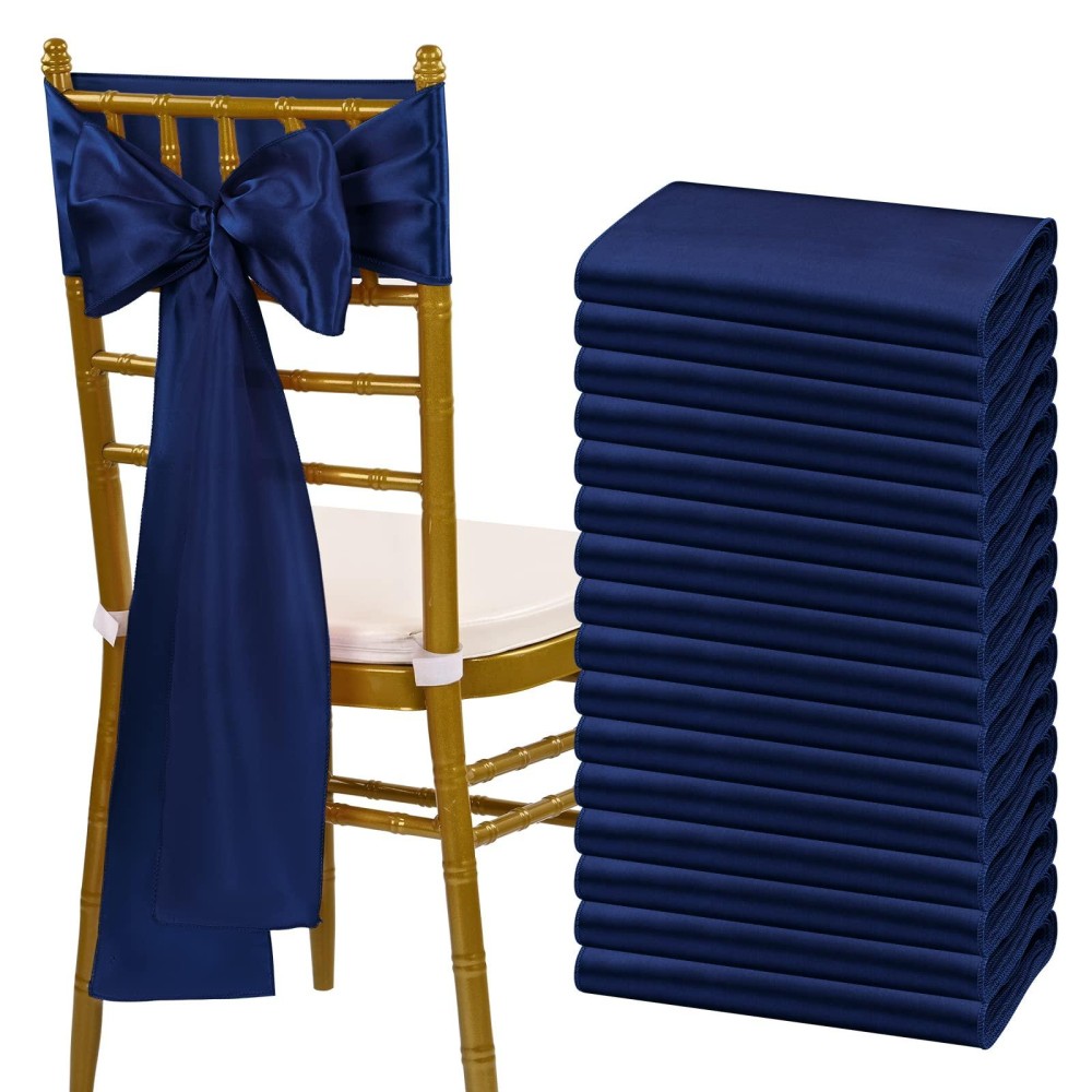 Fani 60 Pcs Navy Blue Satin Chair Sashes Bows Universal Chair Cover For Wedding Reception Restaurant Event Decoration Banquet,Party,Hotel Event Decorations (7 X 108 Inch)