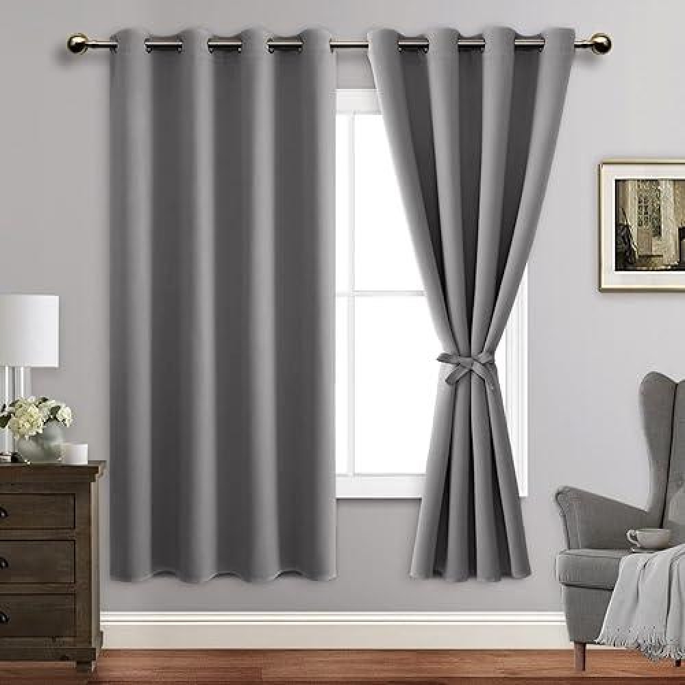 Jiuzhen Light Grey Blackout Curtains With Tiebacks Thermal Insulated Light Blocking Noise Reducing Grommet Curtains For Bedroom