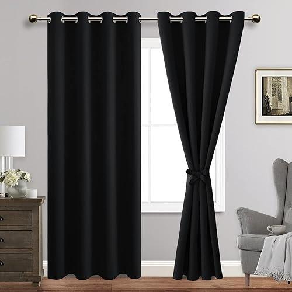 Jiuzhen Black Blackout Curtains With Tiebacks Thermal Insulated Light Blocking And Noise Reducing Grommet Curtains For Bedroo