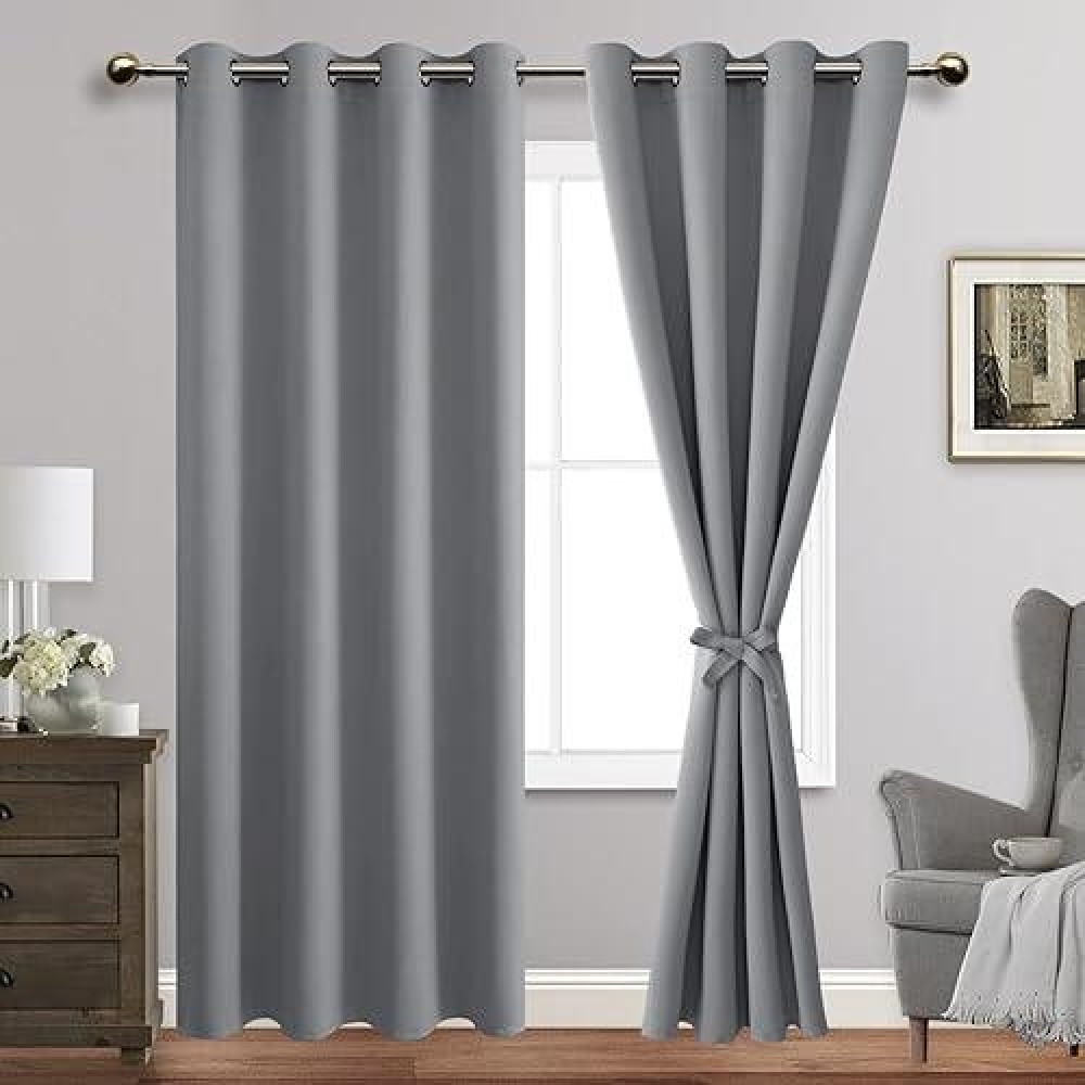 Jiuzhen Light Grey Blackout Curtains With Tiebacks Thermal Insulated Light Blocking Noise Reducing Grommet Curtains For Bedroom