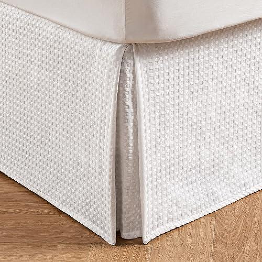 Miye Pleated Waffle Weave Bed Skirt Tailored Dust Ruffle 14 Inch Drop Easy Fit Machine Washable White King 14 Drop