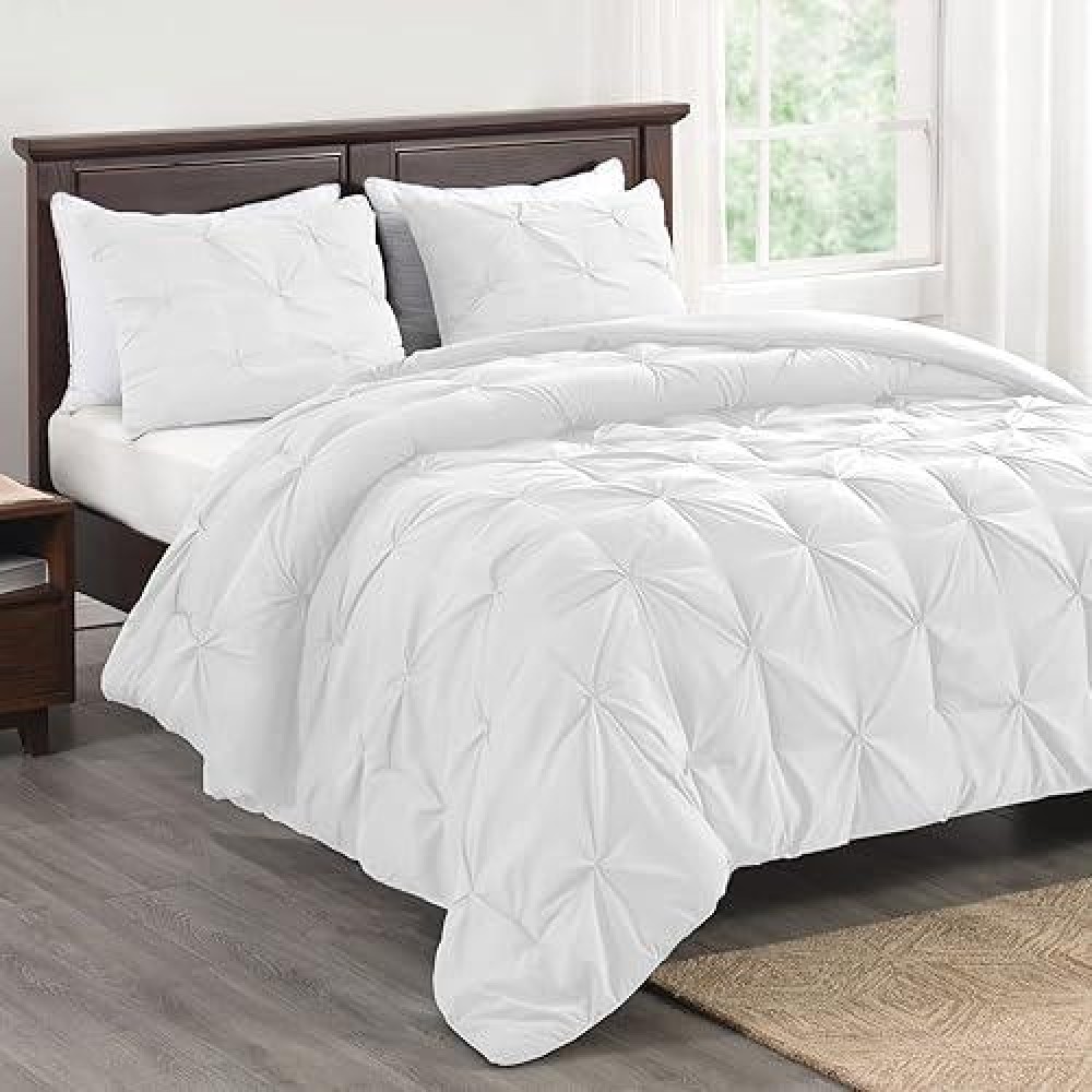 Basic Beyond White Queen Comforter Set Pinch Pleat Bed Comforter Queen Set Pintuck Queen Bed Comforter Set With Comforter 2