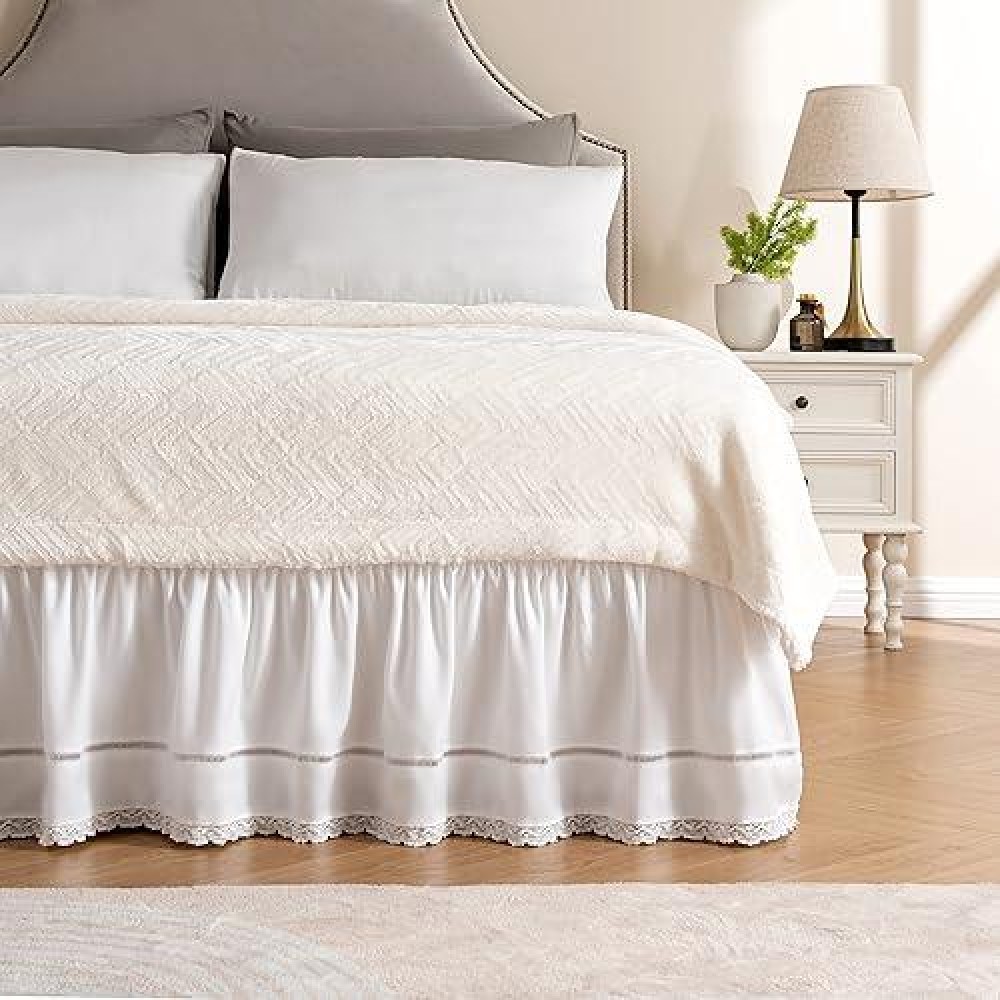 Miye Wrap Around Ruffled Lace Bed Skirt Elastic Dust Ruffle With Adjustable Belts 15 Inch Drop Easy To Put On Bed Frame Cover