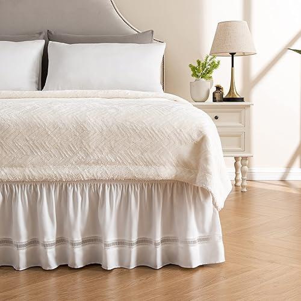 Miye Wrap Around Ruffled Lace Bed Skirt Elastic Dust Ruffle With Adjustable Belts 15 Inch Drop Easy To Put On Bed Frame Cover