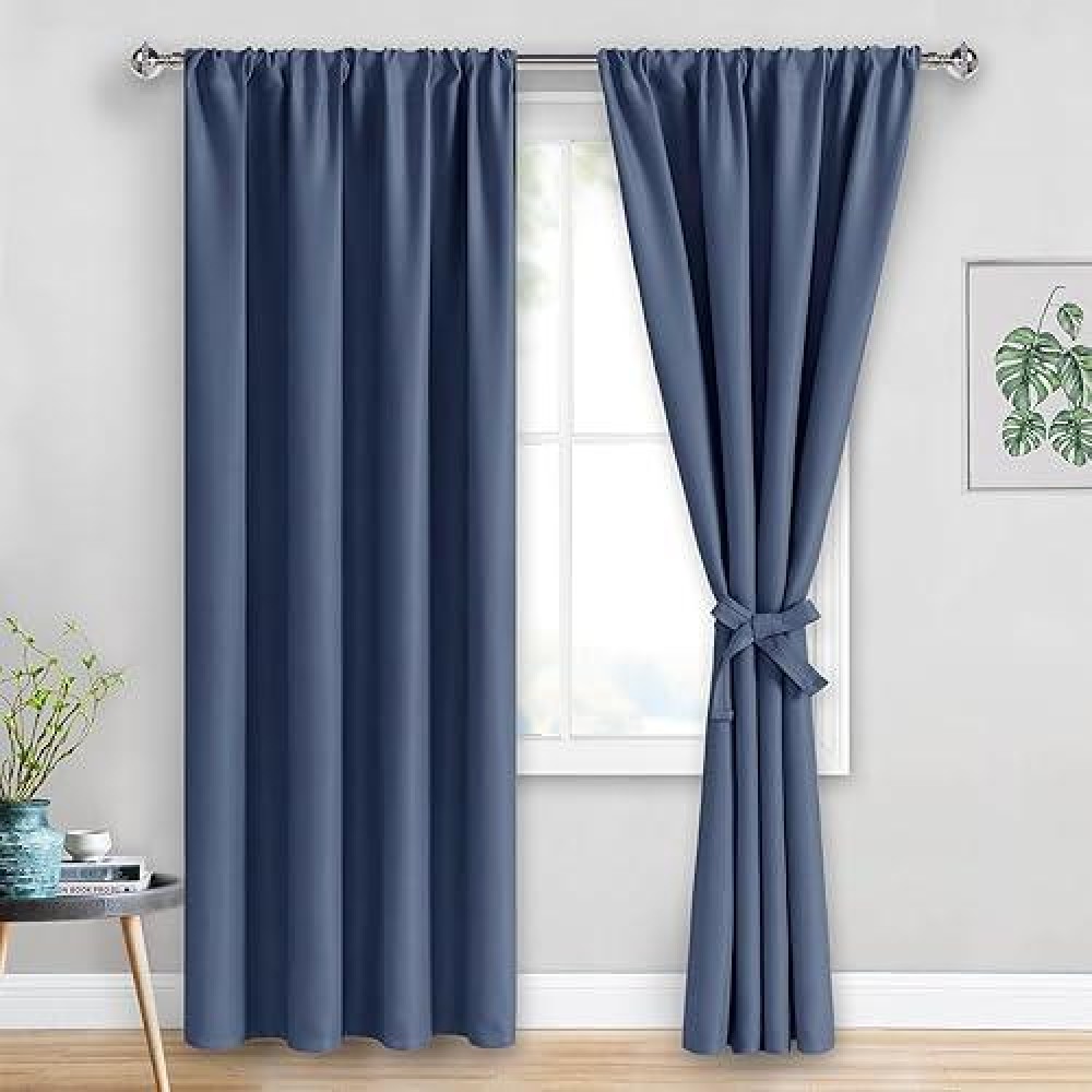 Jiuzhen Dusty Blue Blackout Curtains For Bedroom Thermal Insulated Room Darkening Rod Pocket Curtains For Living Room Set Of