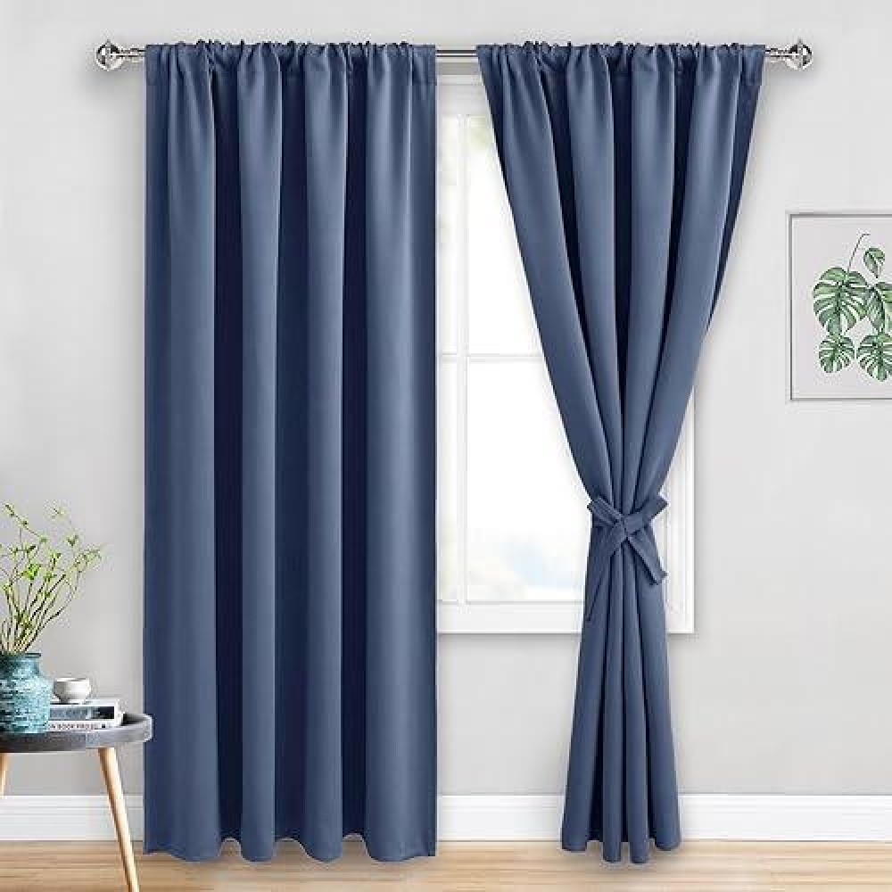 Jiuzhen Dusty Blue Blackout Curtains For Bedroom Thermal Insulated Room Darkening Rod Pocket Curtains For Living Room Set Of