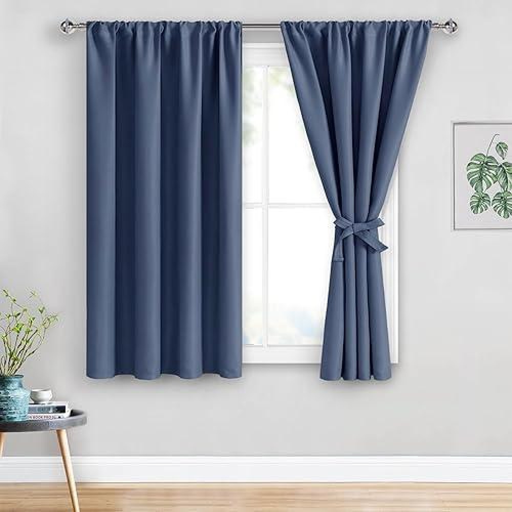 Jiuzhen Dusty Blue Blackout Curtains For Bedroom Thermal Insulated Room Darkening Rod Pocket Curtains For Living Room Set Of